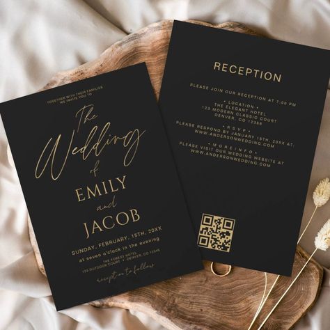 Elegant Black & Gold Wedding QR Code.  Modern typography script wedding invitation. Luxurious black & gold accents. Personalize details for a chic or glamorous event. #weddinginvitation #blackgoldwedding #weddingqrcode #weddingstationery #luxurywedding Black And Gold Gothic Wedding, Dark And Elegant Wedding, Classy Black Wedding Invitations, Black And Gold Wedding Color Palette, Black White And Champagne Wedding Invitations, Forest Green Black Gold Wedding, Nye Wedding Invites, Black And Gold Wedding Decorations Ideas, Black Wedding Invitations With Photo