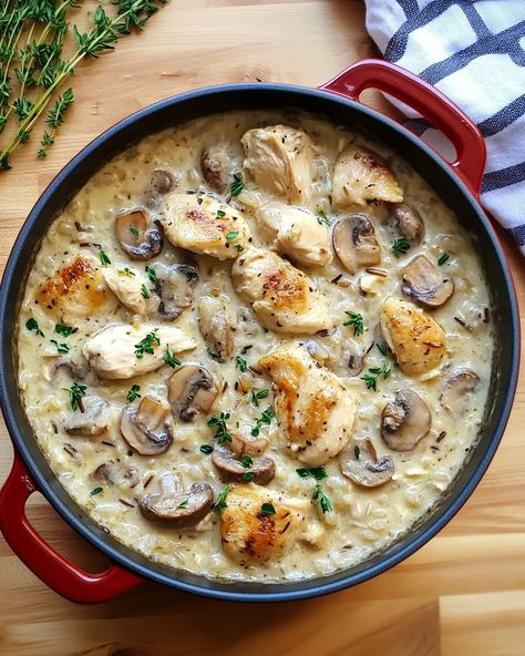 Creamy Mushroom Chicken and Wild Rice Soup Recipe Mushroom And Chicken Risotto, Soup Rice Recipes, Mushroom Soup Rice, Chicken And Mushroom Soup, Chicken And Wild Rice Soup, Wild Rice Soup Recipes, Creamy Mushroom Chicken, Chicken Risotto, Chicken And Mushroom