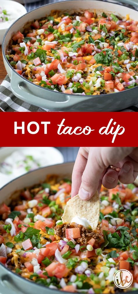 Elevate your appetizer game with this baked Hot Taco Dip, a flavorful twist on the classic taco dip. With ingredients like lean ground beef, seasoned black beans, tomatoes, onions, and a generous topping of cheese, it's a must-try for your next gathering. Quick to prepare and even quicker to disappear, it's sure to be a hit! Hot Dip With Ground Beef, Taco Dip No Cream Cheese, Hot Taco Dip Recipes, Taco Dips Recipes, Seven Layer Taco Dip Refried Beans, Mexican Cheese Dip With Ground Beef, Ground Beef Taco Dip Recipe, Hot Taco Dip With Cream Cheese, Crockpot Taco Dip Ground Beef