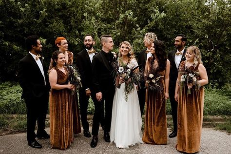 copper-bridesmaids-in-velvet #velvet #bridesmaid #bridesmaiddress #fall #wedding #dress Fall Velvet Wedding, Velvet Tie Groomsmen, Black Suit Copper Tie, Black Wedding Dress And Bridesmaids, Copper Velvet Bridesmaid Dresses, Velvet Fall Bridesmaid Dresses, Dark Floral Bridesmaid Dresses, Black Boho Bridesmaid Dresses, Bridesmaid Dresses With Black Suits