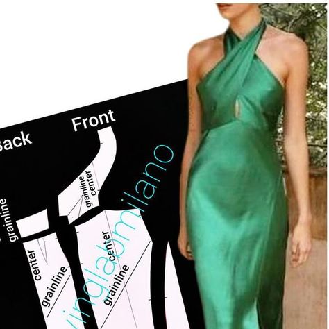 SewingLabMilano on Instagram: "Style analysis: halter-neck, sleeveless gown that features a form-fitting design that accentuates the wearer’s figure. The neckline crosses at the front and ties around the neck, leaving the shoulders and upper back exposed. There is a small keyhole cutout below the crossover section of the neckline, adding a subtle detail to the bodice. The skirt falls to mid-calf length with a slight flare given by the bias cut, creating a flowing and elegant silhouette.  Fabric: silk satin and silk crepe would give the most luxury effect, but also other shiny, satin-like fabrics blended with polyester will work. A smooth and glossy finish of the fabric contributes to the dress’s overall sophisticated and glamorous look.  Draft the pattern starting from a contoured dress - Halter Neck Pattern Drafting, Contoured Dress, Halter Neck Dress Pattern, Halter Neck Pattern, Style Analysis, Glamorous Look, Bias Cut Dress, Sleeveless Gown, Instagram Style