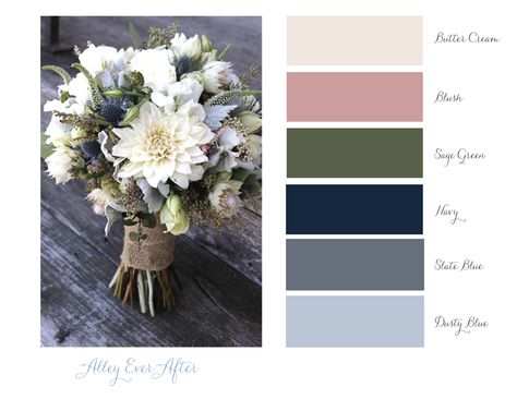 Alley Ever After - Color Theme: Slate Blue, Navy, Sage Green, Blush, Butter Cream. Suits Light Gray & Dark Sage Green Navy Blue Blush Pink Wedding Palette, Sage Green Blush And Blue Wedding, Slate Blue And Sage Green Bedroom, Dark Blue Sage Green Wedding, Dusty Rose And Slate Blue Wedding Color Schemes, Navy Green Blush Wedding, Blue Green Blush Color Palette, Navy Pink Green Wedding, Blush Sage Blue Wedding