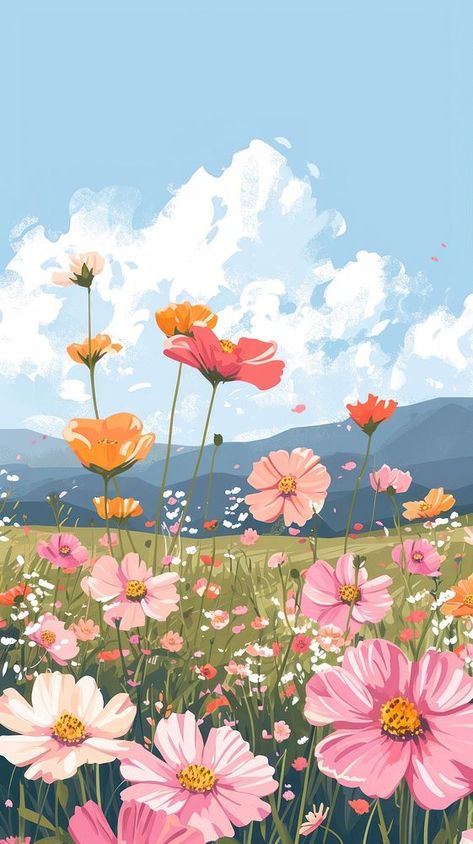 Flower Scenery Painting Easy, Flower Field Mural, Field Flowers Drawing, Beautiful Nature Painting, Flower Landscape Drawing, Spring Day Drawing, Flower Scenery Painting, Field Of Flowers Drawing, Flower Wallpaper Drawing