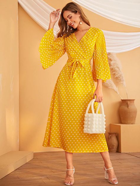 Yellow Polka Dot, Polka Dress, Dress For Short Women, Maxi Wrap Dress, Polka Dot Dress, Dot Dress, Belted Dress, Flared Sleeves, Bell Sleeve