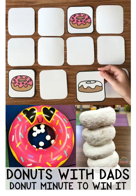 Donuts With Dad- Donut Minute to Win It - Primary Playground Pastries With Parents Craft Ideas, Donuts With Dad Activities, Donuts For Dad, Donuts With Dad, Donut Games, Primary Playground, Donut Craft, Party Games Kids, Beta Club