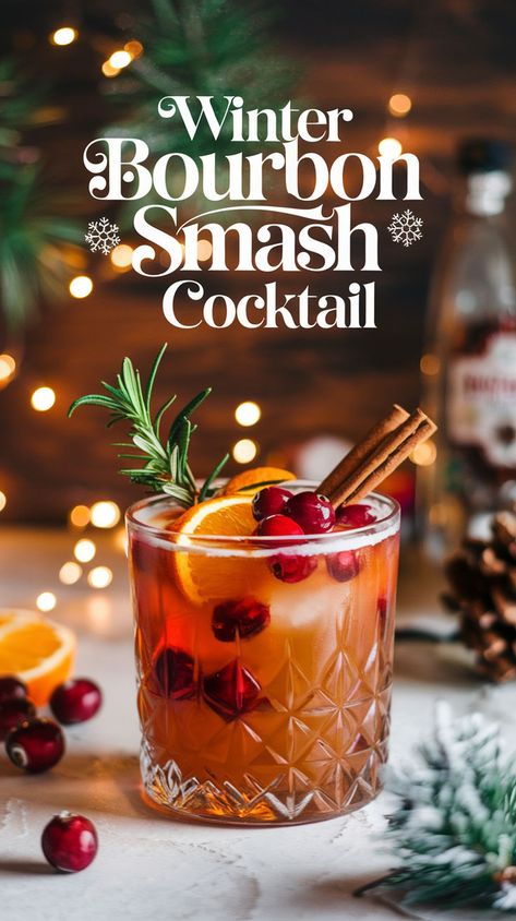 "Warm up this season with a delightful Winter Bourbon Smash Cocktail! This easy-to-make recipe blends rich bourbon with seasonal fruits and spices, perfect for cozy gatherings. Discover the best in winter cocktails and elevate your holiday celebrations with this festive beverage. Ideal for any occasion, this smash cocktail is a must-try among bourbon recipes and seasonal drinks. Cheers to delicious holiday cocktails!" Bourbon Cocktail Winter, Bourbon Smash Cocktail, Easy Winter Cocktails, Whiskey Cocktails Easy, Bourbon Drinks Recipes, Whiskey Drinks Recipes, Easy Holiday Cocktails, Christmas Cocktails Easy, Holiday Drinks Alcohol