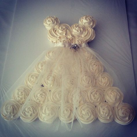 Bridal Shower Cupcake Ideas, Cupcake Dress Cake, Wedding Dress Cupcake Cake, Bridal Dress Cake, Cupcake Wedding Dress, Bride Cupcakes, Bridal Cupcakes, Dress Cupcakes, Wedding Dress Cupcakes