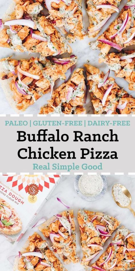 Pizza time!! Buffalo ranch chicken pizza to be specific! Enjoy this Paleo, gluten free and dairy free pizza recipe featuring Simple Mills pizza dough mix! | realsimplegood.com Dairy Free Pizza Recipe, Buffalo Ranch Chicken, Dairy Free Pizza, Simple Mills, Paleo Pizza, Buffalo Chicken Pizza, Buffalo Ranch, Al Capone, Gluten Free Pizza