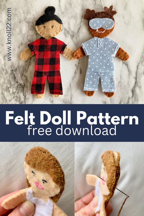 This simple hand stitched felt doll pattern is manageable for even those sewing at a beginner level. Free pattern download. Small Doll Pattern Free, Felt Paper Dolls Pattern Free, Doll Making Patterns Free, Felt Dolls Patterns Free, Felt Crafts Patterns Templates Free Printable, Tiny Dolls To Make Free Pattern, Felt Doll Pattern Free Templates, Felt Doll Tutorial, Felt Dollhouse