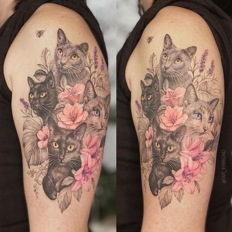 Pet Portrait Sleeve Tattoo, Cat Tattoo Realistic, Cat Sleeve Tattoo, Spine Tattoo Simple, Small Tattoo Ideas Back, Finger Tattoo Minimalist, Cat Tatoos, Cat Tattoos Ideas, Tattoos For Women Cat