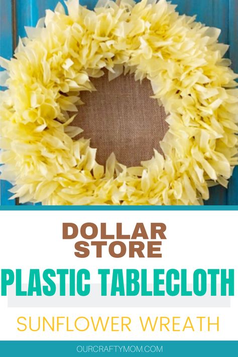 Make a gorgeous sunflower wreath using plastic tablecloths from the dollar store for a whopping $5! @ourcraftymom #dollarstoresunflowerwreath #dollarstorecrafts #dollarstorewreath #dollartreewreath Plastic Tablecloth Sunflower Wreath, Plastic Tablecloth Wreaths, Pool Noodle Sunflowers, Plastic Table Cloth Wreath Diy, Dollar Tree Sunflower Crafts, Sunflower Crafts Diy, Tablecloth Wreaths, Plastic Tablecloth Decorations, Lob Ideas