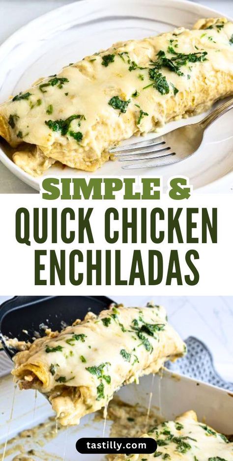 Creamy and cheesy Chicken Enchiladas Verdes are quick to make and you will only have to wash one skillet and one baking dish. The luscious sauce, made by combining store-bought green salsa and Mexican crema is mild enough for everyone in the family to enjoy! Chicken Enchiladas Verde, Mexican Crema, Cheesy Chicken Enchiladas, White Chicken Enchiladas, Creamy Chicken Enchiladas, Chicken Enchiladas Easy, One Skillet, Green Salsa, Easy Chicken Dinner Recipes