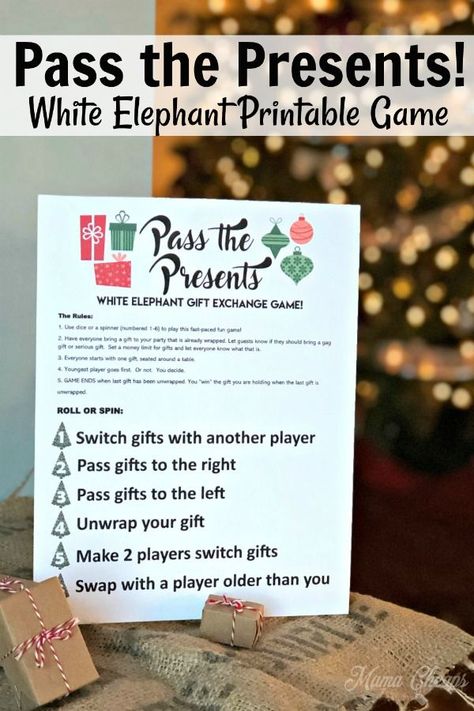 White elephant gift exchanges are so much fun!  Follow the easy directions in our post and use our printable game cards to add a white elephant present game to your holiday party or gathering. We love playing this fun party game on Christmas Eve and New Year's Eve. Set a gift price limit, decide on funny or serious gifts, and use our Pass the Presents game directions to have an awesome gift exchange! #whiteelephant #printable #mamacheaps Deck Of Cards Gift Exchange, Gift Exchange Rules, White Elephant Rules, Gift Games, White Elephant Gift Exchange, Christmas Gift Games, Elephant Printable, Elephant Game, White Elephant Game