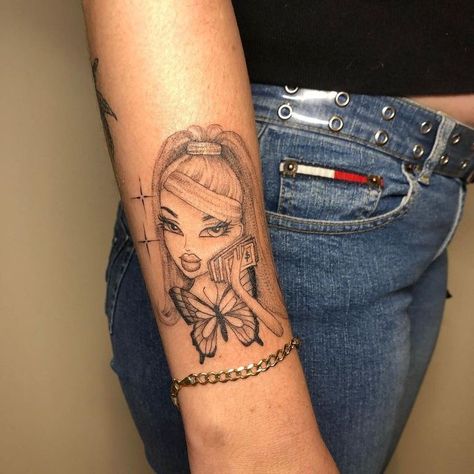 Bratz Sleeve Tattoo, Tattoo Name Placement, Esthetician Tattoo Ideas, 3 Inch Tattoo Ideas, Bratz Doll Tattoo, Cosmetologist Tattoo, Brats Tattoo, Bratz Tattoo, Small Dope Tattoos