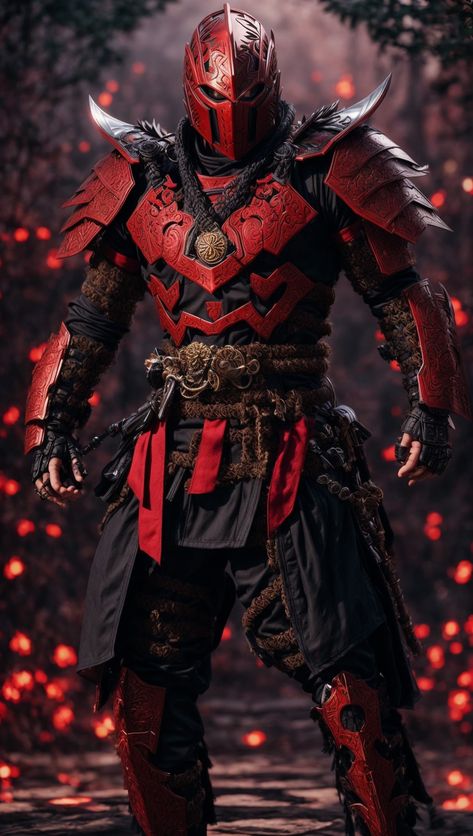 Black And Red Armor, Fire Armor, Thief Character, Red Armor, Red Warrior, Hulk Art, Red Knight, Sigma Male, Japanese Samurai