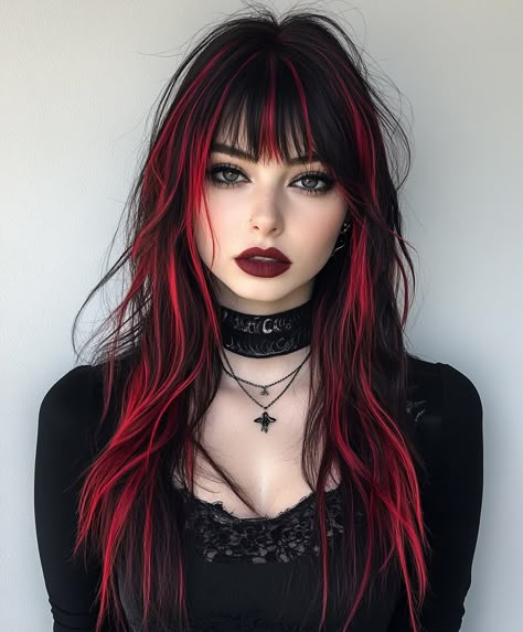 dark calico hair Black Red And White Hair, Dark Hair With Streaks, Red Dyed Hair Ideas, Black And Red Highlights, Red Hair Goth, Alternative Hair Color Ideas, Pravana Red, Red Hair Streaks, Red Hair With Bangs