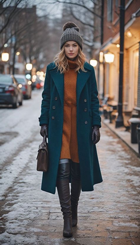 Parisian Coat Outfit, Outfits With Long Gloves, Brown Knee High Boots Outfit Winter, Long Gloves Outfit, Casual Winter Looks, Green Coat Outfit, Countryside Outfit, Chic Winter Outfit, Women's Winter Fashion