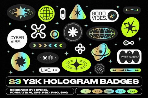 Y2K Hologram Badge Stickers Minimalist Sticker Design, Y2k Packaging, Pixel Stickers, Hologram Design, Y2k Stickers, Collage Prints, Ui Patterns, Hologram Stickers, Photoshop Tutorial Design