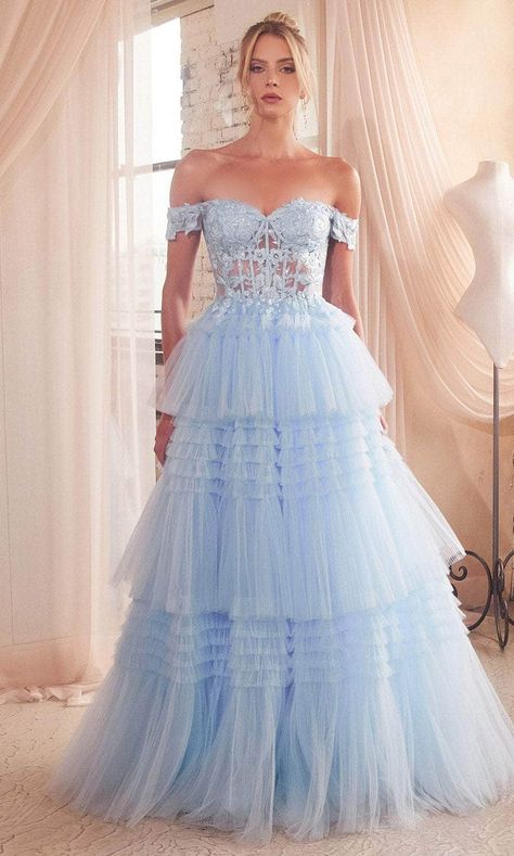 Ladivine 9315 - Off-Shoulder Embroidered Corset Ballgown Corset Layering, Pleated Tulle Skirt, Gown Silhouette, Light Blue Prom Dress, Pleated Tulle, Tulle Balls, Cinderella Divine, Exquisite Gowns, Boned Bodice