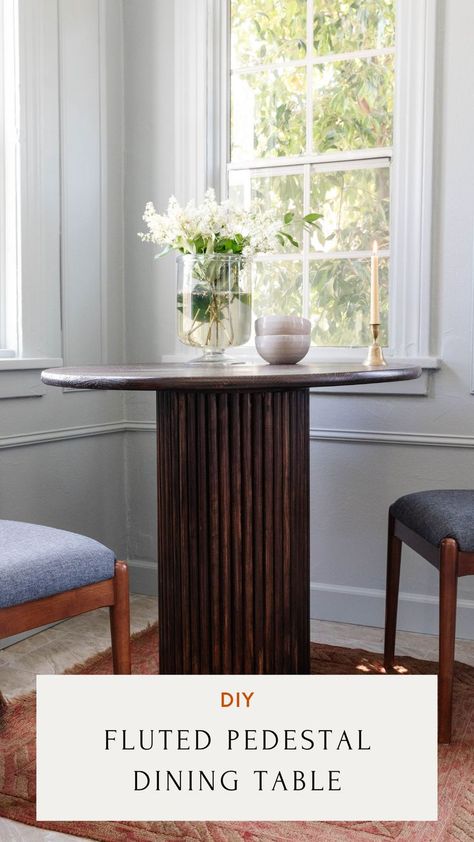 DIY fluted pedestal dining table Round Fluted Dining Table, Pedestal Table Diy, Round Dining Table Diy, Diy Pedestal Table, Diy Round Dining Table, Fluted Dining Table, Nook Makeover, Blue Breakfast, Diy Breakfast Nook