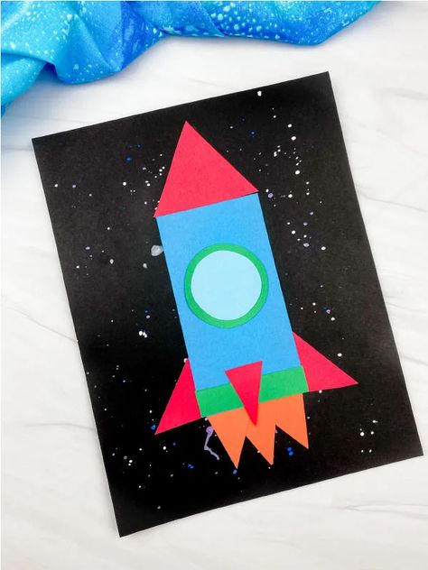 Rocket Made With Shapes Craft [Free Template] Yoda Craft, Rocket Craft For Kids, Outer Space Crafts For Kids, Rocket Ship Craft, Spaceship Craft, Outer Space Crafts, Rocket Craft, Space Activities For Kids, Space Crafts For Kids