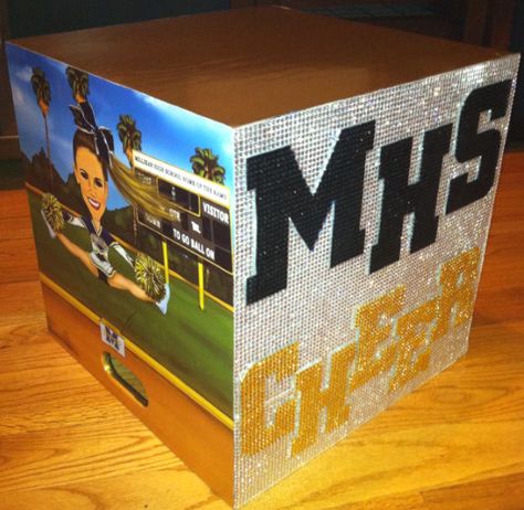 Rhinestone Cheer Box made with Dazzling Diamond Sticker Sheets! Cheer Box Ideas High School Football, Cheer Captain Gifts Ideas, Senior Cheer Box Ideas, Cheer Box Designs, Cheer Boxes Designs High School, Cheer Box Ideas High School, Cheer Box Ideas, Cheer Vibes, Asb Ideas