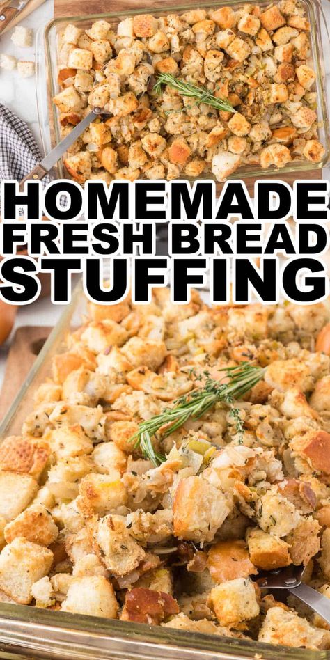 Stuffing is a must at the holiday dinner table and this Rosemary Sage Homemade Stuffing made with fresh bread is one of our favorite stuffing recipes. This homemade stuffing made with fresh bread, onions, celery, broth and fresh herbs is the perfect stuffing to go with turkey. You can use this stuffing recipe as a dressing recipe or as a stuffing recipe. Easy Bread Stuffing Recipes, White Bread Stuffing Recipes, Stuffing Turkey Recipes, Stuffing Bread Recipes, Stuffing Seasoning Recipe, Bread Dressing Recipes, Sage Stuffing Recipes, Home Made Stuffing Recipe, Quick Stuffing Recipe