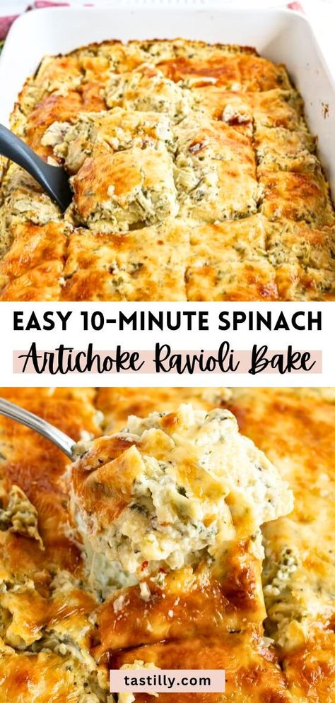 Welcome to easy dining! If you have 10 minutes to make dinner, this recipe is for you. Perfectly creamy and cheesy, Spinach Artichoke Ravioli Bake guarantees a freshly baked pasta dish with minimal effort. Spinach Artichoke Ravioli, Artichoke Ravioli, Ravioli Bake, Cheesy Spinach, Ravioli Recipe, Baked Pasta, Artichoke Recipes, Pasta Dinners, Spinach Artichoke