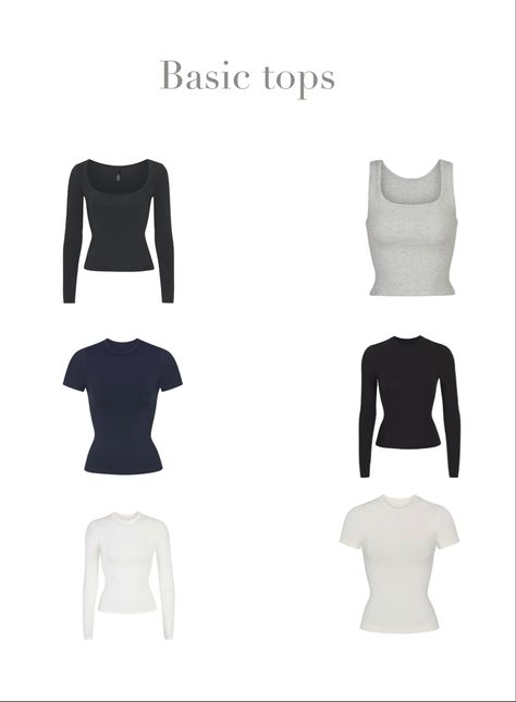 Basics Essentials Clothes, Basic Tops Essentials, Basic Wardrobe Staples, Basic Staples Outfits, Clothing Basics List, Basic Tops Aesthetic, Clothing Staples Wardrobe Basics, Clean Girl Tops, Comfy Basic Outfits