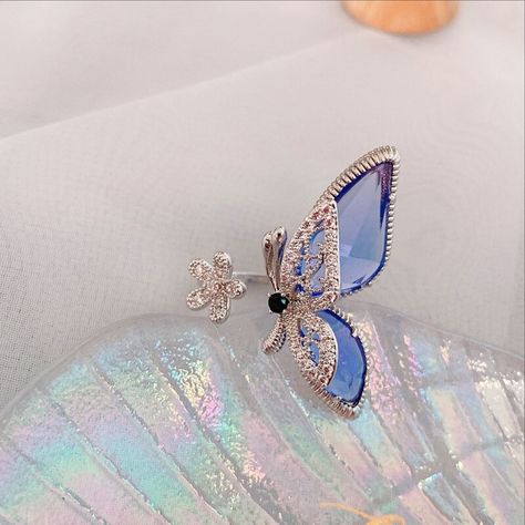 Butterfly Ring 925 Silver. Fairy Ring, Sweet Jewelry, Open Rings, Crystal Butterfly, Style Rock, Flower Butterfly, Trendy Ring, Big Rings, Butterfly Ring