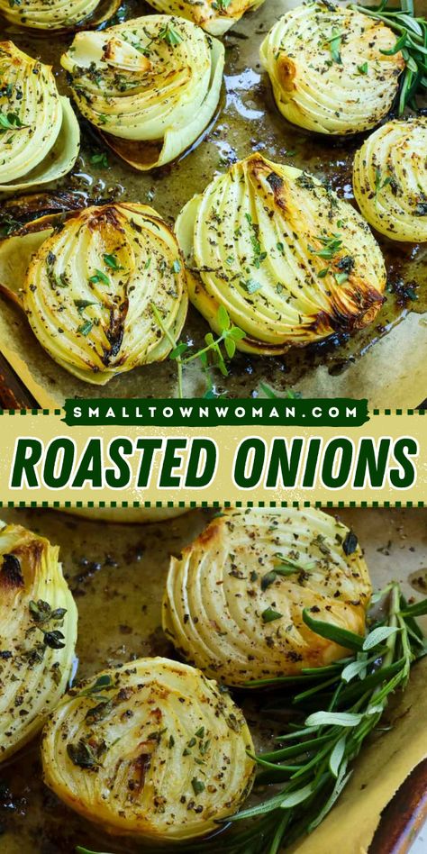 A must-have vegetable side dish recipe for every cook! You'll love these oven roasted onions that are aromatic and flavor-packed. So, grab some yellow onions and try this veggie idea for dinner! Roasted Onions Oven, Vegtables Sides Roasted, Cooked Veggies Recipes, Baked Onions Whole, Oven Roasted Onions, Pork Roast Side Dishes, Roasted Onions And Peppers, Roasted Side Dishes, Idea For Dinner