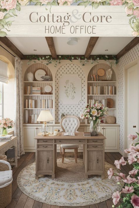 Achieve a whimsical, dreamy look for your cottagecore home office with delicate fabrics and fairy-tale touches. 🌿🧺 Use floral prints, soft pastels, and lace to create a gentle atmosphere. 🌸✨ Add a wooden desk, vintage mirrors, and a cozy chair for comfort. 🪑🪞 Decorate with small antique items and nature-themed art to bring out the cottage core aesthetic. 🌿🍃 It’s the perfect escape for work and creativity. #cottagecoreaesthetic #cottagecorehome #vintagevibes #homeofficedesign #dreamcottage Home Office Decor For Women Shabby Chic, Vintage Cottage Office, Cottage Core Desk Ideas, Office Vintage Aesthetic, Cottage Core Office Aesthetic, Cottage Workspace, Fairytale Office, Pastel Office Aesthetic, Cottage Core Office Ideas