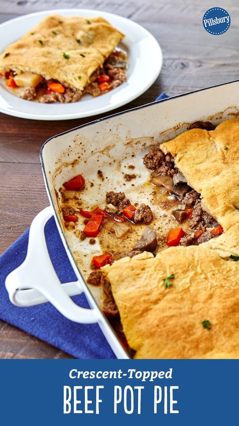 Classic pot pie gets a tasty makeover in this super-easy crescent-topped casserole that has all of the same flavors of that comfort food favorite! Fridge staples like ground beef, mushrooms, carrots and onions come together for this dinner that's easy on the wallet. Fridge Staples, Beef Pot Pie Recipe, Beef Pot Pie, Best Ground Beef Recipes, Beef Pot Pies, Pillsbury Dough, Crescent Recipes, Pillsbury Recipes, Canned Biscuits