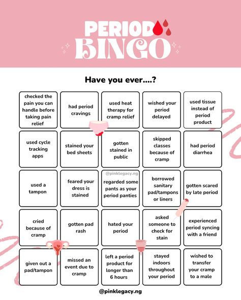 Period Bingo for our girlies Swipe for a clear sheet 💕 Menstrual Hygiene Day is few days away. Before then, let’s play a game 🤭 How many did you end up marking? Lmk in the comment 🌚💕 Menstrual Hygiene Day, Period Cravings, Track Period, Menstrual Hygiene, Boric Acid, Cramps Relief, Pads Tampons, Period Panties, Play A Game