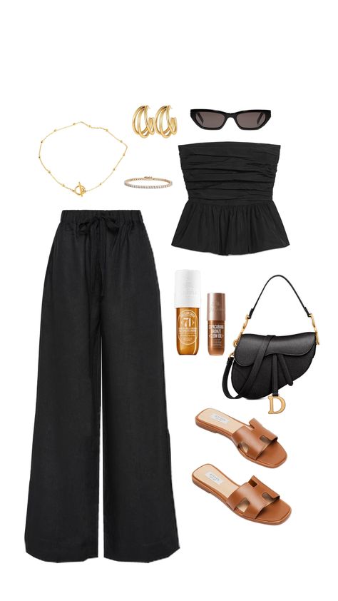 Summer outfit idea, fashion inspiration, fit inspo, black linen pants, brown sandals, dior saddle bag, golden jewells, sol de janeiro Linen Pants Outfit Black, Linen Pants Outfit, Black Linen Pants, Dior Saddle, Pants Brown, Brown Sandals, Saddle Bag, Black Linen, Fit Inspo