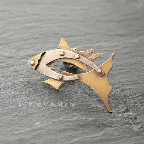 Brooch "Fish" | Irina | Flickr Fish Jewelry Silver, Rivet Jewelry, Brass Brooch, Architectural Jewelry, Quirky Jewelry, Fish Jewelry, Metalwork Jewelry, Metalsmithing Jewelry, School Jewelry