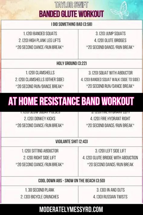 A 15-minute, FUN, banded glute workout to some of Taylor Swift's most empowering and butt-kicking songs. All you need is a resistance band, so this could easily be done in the comfort of your own home! Now, let's sculpt some glutes. Download the workout in the post! Banded Glute Workout, Taylor Swift Workout Routine, Taylor Swift Workout, Fitness Era, Youtube Workout Videos, Pulse Squats, Youtube Workout, Glute Workout, Resistance Band Workout