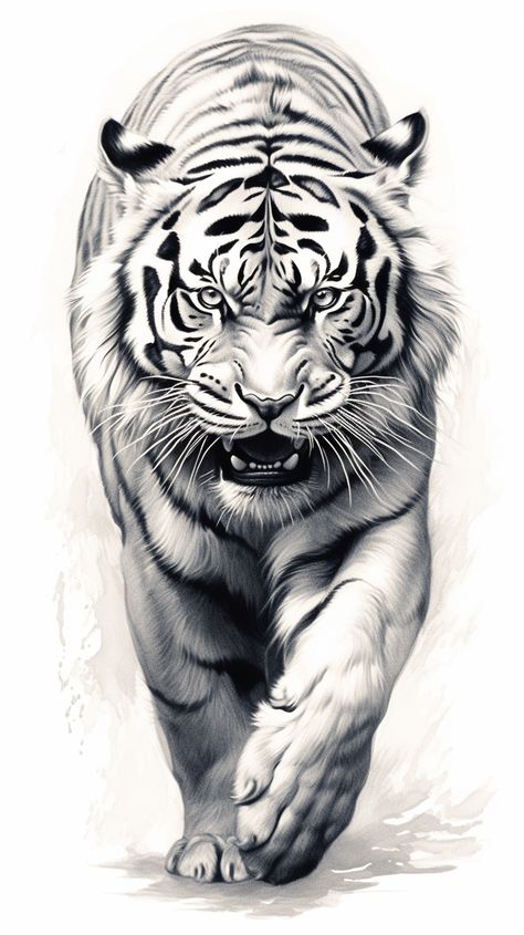 Tiger Walking Tattoo, Insta Tattoo, Tiger Sketch, Tiger Tattoo Sleeve, Big Cat Tattoo, Art Charcoals, Tiger Portrait, Tiger Artwork, Tiger Tattoo Design