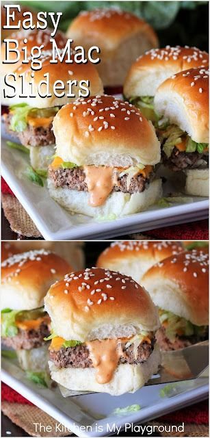 Big Mac Sliders ~ Enjoy the classic flavors of a Big Mac in adorable little slider form! Serve them up as an easy dinner main dish, or as a perfectly delicious party and game day snack.  www.thekitchenismyplayground.com Small Sandwiches For Party, Hamburger Ideas, Big Mac Sliders, Easy Slider Recipes, Big Mac Salad, Super Easy Dinner, Tailgating Recipes, Summer Meals, Amazing Appetizers