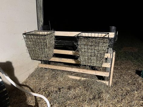 Raising goats | I had posted in the past about hay feeders and this was a suggestion that someone had put out there then have seen several other posts inquiring - the... | Facebook Goat Hay Feeder, Goat Feeder, Hay Racks, Feeding Goats, Raising Goats, Hay Feeder, Farm Stuff, Metal Baskets, Diy Wall