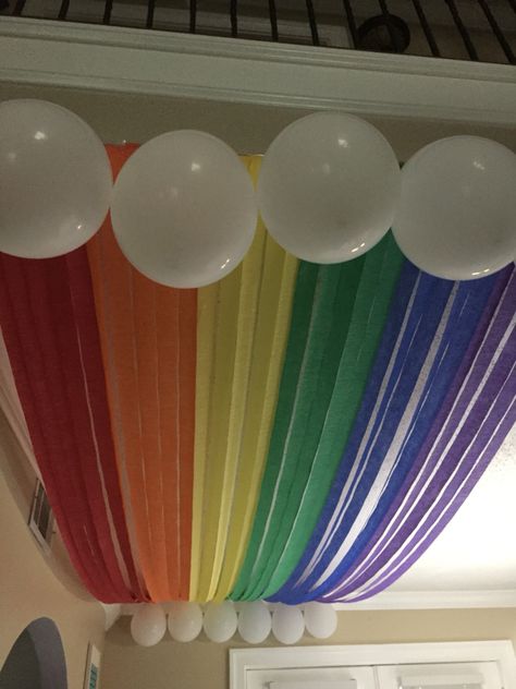 Rainbow School Decorations, Teacher Appreciation Week Decorations, Rainbow Streamers, Camp Room, Ceiling Streamers, Streamer Decorations, Pride Party, Dance Crafts, Science Camp