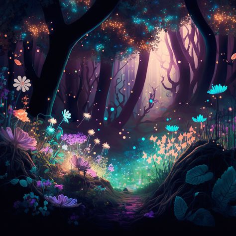 Enchanted Forest Fantasy Art, Enchanted Forest Digital Art, Neon Fairy Aesthetic, Magic Flower Fantasy Art, Fantasy Flowers Magic, Glow Flowers, Dark Enchanted Forest, Magical Fairy Forest, Glowing Plants