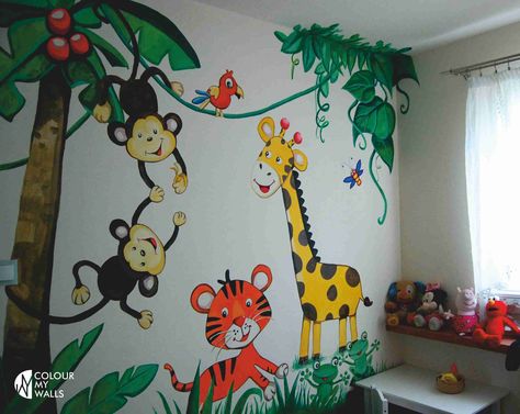 Jungle Theme Mural, Kg Classroom Wall Painting, Safari Wall Mural, Jungle Mural For Kids Simple, Monkey Mural Art, School Wall Decoration, Nursery Wall Painting, Church Nursery Decor, Simple Wall Paintings