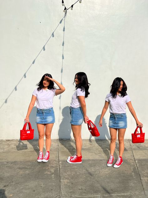 Red Low Top Converse Outfit, What To Wear With Red Converse, Outfits With Red Converse High Tops, Red Chuck Taylors Outfit, Red High Top Converse Outfit, Red Denim Outfit, Red Chucks Outfit, Red Converse Outfit Ideas, Outfits With Red Converse