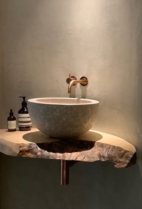 Curved Sink Vanity, Vola Taps, Rustic Washroom, Shelf Above Sink, Cloakroom Sink, Small Toilet Design, Stone Bathroom Sink, Japanese Bathroom, Bathroom Details