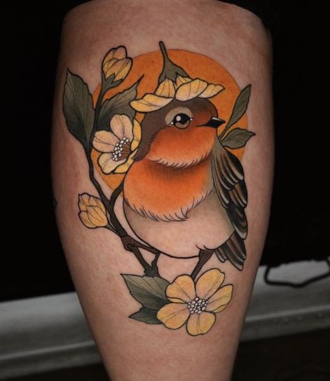 Neo Traditional Robin Tattoo, Neo Traditional Tattoos Bird, Neo Traditional Bird Tattoo Design, Flower And Fruit Tattoo, Neotrad Bird Tattoo, Rembrance Tattoo, Robin Tattoo Design, Neotrad Flash, Bird Hand Tattoo