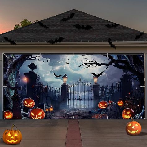 Garage Halloween, Halloween Garage Door, Strašidelný Halloween, Pumpkin Photography, Halloween Garage, Uhyggelig Halloween, Cloth Banners, Bat Pumpkin, Party Fotos