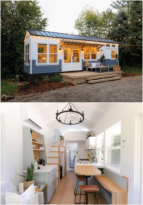 Get ready to have your mind blown by 90 tiny homes that will change your view on living in a small space. From cleverly designed tiny houses to ingeniously converted buses, trucks, and campervans, each of these homes showcases the benefits of downsizing. Tiny House French Doors, Tiny House Floor Plans With Loft, House With French Doors, House Design Farmhouse, Farmhouse Tiny House, Bedroom Built Ins, Downstairs Bedroom, Tiny House Village, Cozy Loft