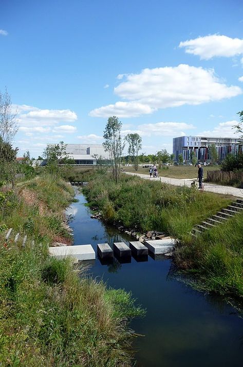 Bottière Chênaie Eco-district by Atelier des Paysages Bruel-Delmar — Landscape Architecture Platform | Landezine Riverine Landscape, Landform, Landscape Architecture Design, Dry Creek, Garden Architecture, Water Management, Rain Garden, Landscaping Tips, Reggio Emilia