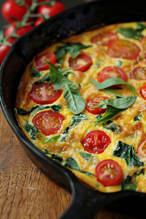 This quick and delicious easy frittata recipe is perfect for breakfast, brunch, and even dinner. Featuring ripe cherry tomatoes, baby spinach, fresh basil, and cheddar cheese, it's ready in minutes. Tomato Basil Frittata, Fritatta Recipe Breakfast, Spinach Tomato Omelette, Egg And Tomato Breakfast, Spinach Tomato Frittata, Stovetop Frittata, Breakfast Egg Bake, Tomato Frittata, Easy Frittata Recipe